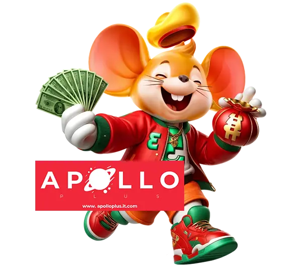 APOLLOPLUS สล็อตเว็บตรง ตัวละครมาสคอตสายปั่นถือเหรียญทองและลูกเต๋า สีสันสดใส สื่อถึงความสนุกและโบนัสจัดเต็ม