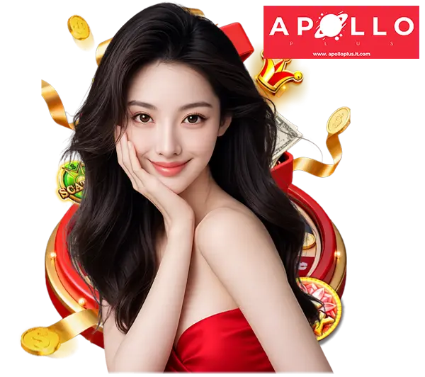 Apolloplus ฮีโร่หน้าเว็บคาสิโน ภาพผู้หญิงพื้นหลังเหรียญทองและกราฟิกวงแหวนสีแดง สื่อถึงโบนัสจัดเต็ม สล็อตและบาคาร่าออนไลน์ครบวงจร