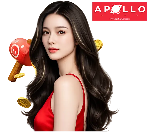 Apolloplus ฮีโร่หน้าเว็บคาสิโน ภาพผู้หญิงชุดแดงพื้นหลังเหรียญทอง ดีไซน์โทนแดงพรีเมียม สื่อถึงโบนัสแตกง่ายและเกมออนไลน์ครบวงจร