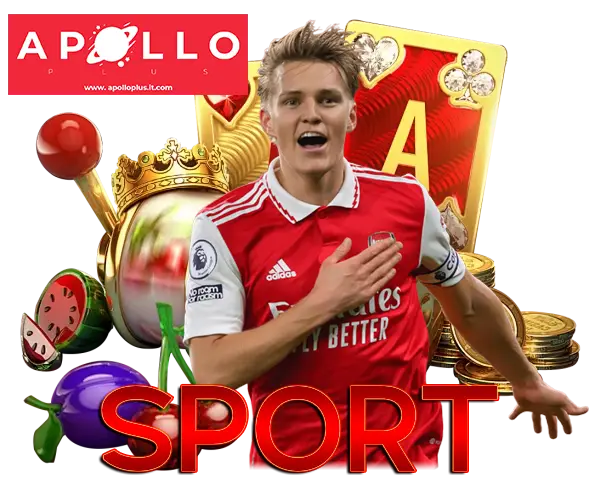 Apolloplus แทงบอลออนไลน์เว็บตรง ภาพนักฟุตบอลชุดแดงพร้อมกราฟิกคำว่า SPORT โทนแดงทอง สื่อถึงเดิมพันกีฬา อัตราต่อรองคุ้มค่า และโบนัสพิเศษ